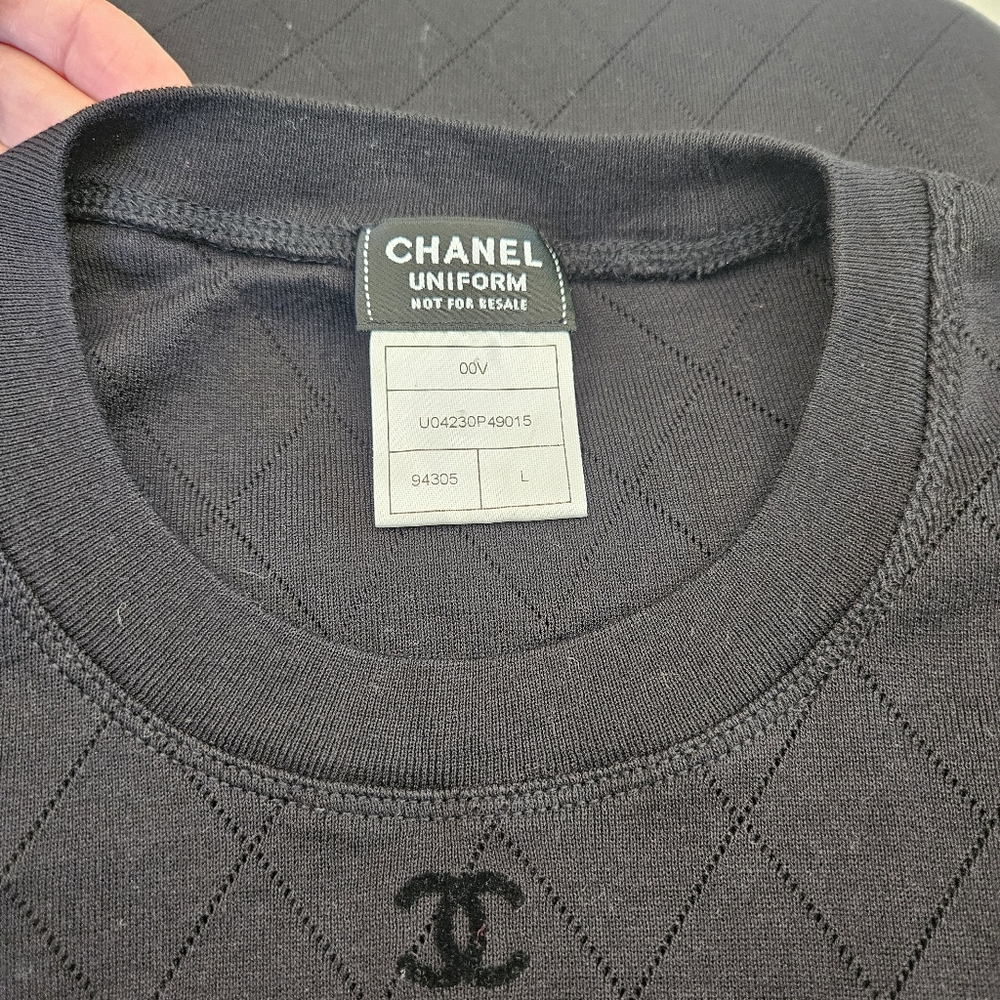 CHANEL Black Quilted Logo Crewneck Top